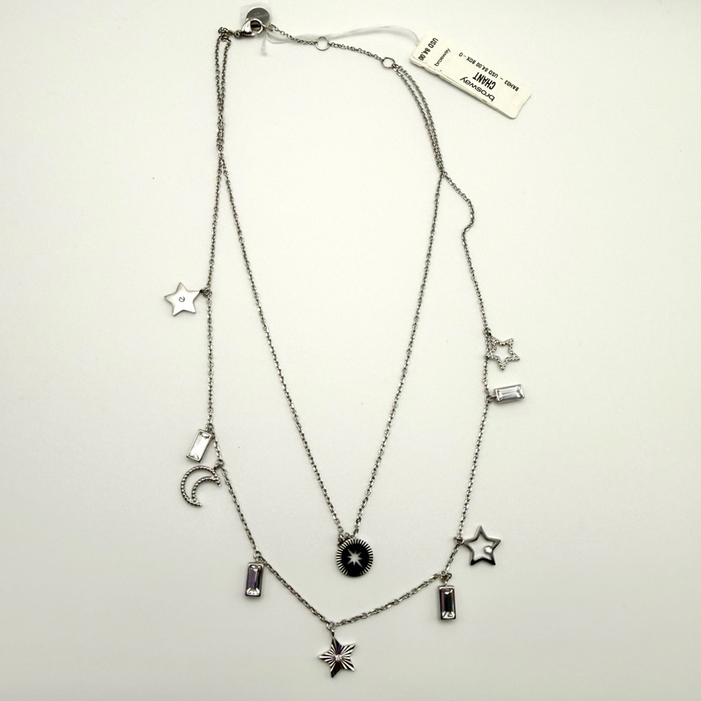 Brosway-Double Layered Necklace-Chant-Moon and Stars-Crystal-Silver- 16"-NWT